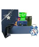 Gentleman's Morning Essentials Gift Box Hamper English Breakfast Tea Porridge Alarm Clock Biscuits Warm Scarf Cufflinks and Flask- Curated Elegance Gift Box - Buy Online on GoSupps.com