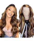 ABALON Honey Blonde Body Wave Ombre Lace Front Wig - 24 Inch 180% Density, Pre Plucked with Baby Hair, Colored Highlight P4/27, HD Transparent Lace Frontal Wig for Women - Buy Online on GoSupps.com