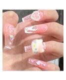 24Pcs Y2K Cute Kawaii French Flame Press on Nails Long Coffin Hot Pink False Nails with 3D Nail Charms - Acrylic Glue On Nails with Cartoon, Heart, Pearl, Bow, Glitter & Rhinestone Designs - Buy Online on GoSupps.com