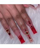Red French Tip Press-On Nails | Square Long Fake Nails with Red Rhinestones | Reusable Acrylic Stick-On Nails for Women & Girls - 24Pcs - Buy Online on GoSupps.com