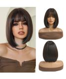 Esmee Brown Highlight Bob Wig with Fringe - 12 Inch Synthetic Shoulder Length Cosplay Wig for Women - Buy Online on GoSupps.com