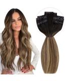 Vivien Real Hair Clip Extensions 7PCS 140g - PU Clip In Brown & Natural Black with Caramel Blonde Highlights - 20 Inch #1B/4/27 - Buy Online on GoSupps.com