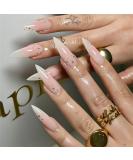 Shop 24Pcs Almond Press on Nails - Long Stiletto Faux Nails Pink Ombre Acrylic with Gold Star Designs - Cute Summer Nails for Women - Buy Online on GoSupps.com
