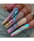 Extra Long Coffin Press on Nails - 24Pcs Full Cover Sequins & Rhinestones Acrylic Stick on Fake Nails for Women - Matte Finish with Glue - Buy Online on GoSupps.com