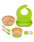 Bimba Bambino Baby Weaning Set - Bamboo Suction Plate, Bowl, 2 Spoons, Silicone Bib | Non-Toxic, Natural Bamboo, Green - Buy Online on GoSupps.com