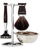 Premium 4-Part Shaving Set with Edwin Jagger Handle for Gillette Mach3 - Razor Brush Chrome Stand & Bowl Black Synthetic Fiber - Buy Online on GoSupps.com