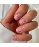 24Pcs Short Square Nude French Tip False Nails with Abstract Lines Design - Glossy Acrylic Full Cover Press on Nails for Women, Girls - Pink Curve - Buy Online on GoSupps.com