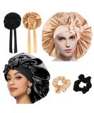 Silk Sleep Hood Set - 2 Adjustable Bonnets & Hair Ties for Women | Black & Gold Satin Night Caps - Buy Online on GoSupps.com