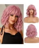 Esmee Short Wave Pink Bob Wigs With Bangs Shoulder Length Wig Curly Wavy Synthetic Cosplay Wigs for Women-12 Inches Pink 12 Inch (Pack of 1) - Buy Online on GoSupps.com