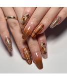 DMQ Autumn Winter Flase Nails with Glue 24Pcs Coffin Fake Nails Brown Gradient Nail Tips Glitter Stick on Nails for Women Girls Nails Art Autumn Coffin - Buy Online on GoSupps.com