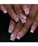Luxury French Tip Press on Nails - Medium Square Glossy Full Cover with Pearls & 3D Bow Rose Charms - 24 Pcs for Women & Kids - Perfect Manicure Decor - Buy Online on GoSupps.com