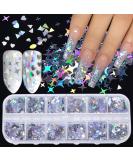 Holographic Nail Art Glitter Sequins - Laser Silver Decals 12 Grids | 3D Butterfly, Star, Heart, Unicorn Sticker Confetti for Acrylic Nails - Buy Online on GoSupps.com