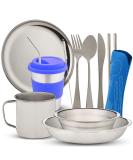 10-Piece Stainless Steel Camping Dish Set with Mesh Bag - Complete Dinnerware Kit for Camping, Backpacking, Hiking - Blue - Buy Online on GoSupps.com