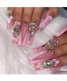 Extra Long Press On Nails - Gold Butterfly & 3D Diamond Floral Designs | XL Fake Nails for Women - 24pcs Stick On Set - Buy Online on GoSupps.com