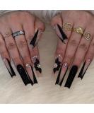 Buy MISUD Long Square Press-On Nails - Glossy Black Glitter French Tips & Flower Rhinestones | 24 pcs Acrylic False Nails - Buy Online on GoSupps.com