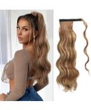 FESHFEN Long Wavy Ponytail Extensions 60cm Body Wavy Wrap Around Hair Brown & Blonde | Curly Clip in Synthetic Hairpiece for Women & Girls - Buy Online on GoSupps.com