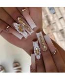 Buy Coffin Press on Nails - Long Pink White Ombre False Nails with Gold Rhinestones | Luxury Matte Acrylic Stick on Nails for Women - Summer Style BK01-38 - Buy Online on GoSupps.com