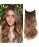 Invisible Wire Hair Extensions | Natural Wavy Synthetic Hair | Adjustable Size | Long Curly Hairpieces for Women - 16inch Ombre Caramelo with Dark Root - Buy Online on GoSupps.com