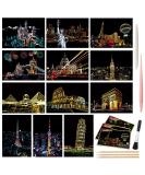 Magic Scratch Art Paper Building Series - 12 Sheets Rainbow Landscape Engraving DIY Mini Scratchboard Set for Adults and Kids - Includes Scratch Postcard Cards, Drawing Pens, and Brush - Buy Online on GoSupps.com