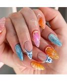3D Oranges Press-On Nails | Medium Almond Summer Fruit Fake Nails | Full Cover Acrylic French Tip - 24 Pcs for Women - Buy Online on GoSupps.com