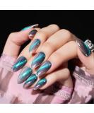 Cat Eye Press on Nails - Grey Almond with Green Glitter | 24 Pcs Handmade Fake Nails Kit for Women & Girls - Glossy Bling Salon Perfect - Buy Online on GoSupps.com