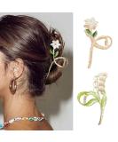 2 Pcs White Lily and Pink French Bell Orchid Flower Hair Clips for Women and Girls - Metal Alloy Hair Accessories - Buy Online on GoSupps.com