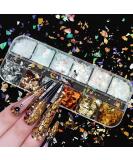 Holographic Nail Glitter Flakes | 12 Grids 3D Irregular Sequins | Shiny Gold & Silver Nail Art Supplies | Vintage Glitter for UV Gel Nails Design - Buy Online on GoSupps.com