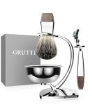 Grutti Razor Set - Deluxe Chrome & Wood Shaving Kit with Bowl Mach 3 Compatible Razor & Brush Stand - Premium International Shipping - Buy Online on GoSupps.com