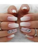 Glossy Pink White Medium Coffin Press On Nails - 24Pcs | Summer Nail Art with Rhinestone & Glitter | Full Cover Acrylic Stick On Nails for Women - Buy Online on GoSupps.com