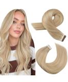 Moresoo 22 Inch Tape in Human Hair Extensions Caramel Blonde with Platinum Blonde Highlights | Skin Weft Hair Extensions 20 Pieces/50g #P14/613 - Buy Online on GoSupps.com
