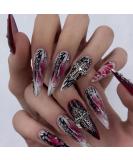 IMSOHOT Long Gothic Stiletto Press-On Nails - Black Red Ombre Glossy False Nails with Metal Cross Charms | 24PCS Reusable Almond Acrylic Full Cover - Buy Online on GoSupps.com