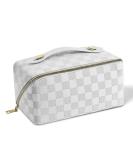 Aucuu Large Capacity Travel Cosmetic Bag for Women Girls PU Leather Waterproof Layered Storage Makeup Bag with Handle Portable Travel Organizer (Checkered White) #14 White-14 - Buy Online on GoSupps.com