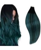 RUNATURE Ombre Tape in Hair Extensions - Black to Teal - 18 Inch Real Human Hair Skin Weft Balayage Tape Extensions - Buy Online on GoSupps.com