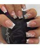 V French Tips Short Square Press-On Nails | Flower Acrylic Fake Nails with Rhinestones & Glitter | Glossy Nude Glue-On Nail Art for Daily Wear - Buy Online on GoSupps.com