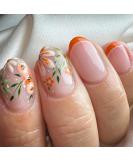 24Pcs Orange Flower French Tip Press On Nails - Short Almond Design for Women & Girls | Elegant Full Cover Acrylic False Nails for Autumn Manicure - Buy Online on GoSupps.com