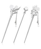 3-Piece Chinese Hair Stick & Japanese Hairpin Set - Pearl Rhinestone Flower Hair Accessories for Women - Vintage Tassel Chignon Jewelry - Traditional Style - Buy Online on GoSupps.com