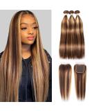 10A Brazilian Straight Ombre Highlight Bundles with Closure - P4/27 Color - 18 20 22 + 16 inch Free Part Closure - Virgin Remy Human Hair - Buy Online on GoSupps.com