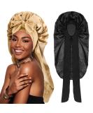 2PCS Long Satin Braids Bonnets - Gold Black Silk Adjustable Sleep Cap for Women - Large Size for Long Curly Hair - Buy Online on GoSupps.com