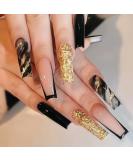 Belicey Black French Press on Nails - Medium Length Luxury Stick on Coffin Nails with Golden Bling Stripes - Full Cover Exquisite Design for Women and Girls - Buy Online on GoSupps.com