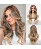 HAIRCUBE Long Brown Wavy Wig for Women - Synthetic Ombre Hair with Highlights and Middle Parting - Buy Online on GoSupps.com