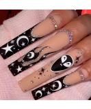 RIICFDD Extra Long Black Press on Nails with Star Moon Flame Designs - 24PCS - Buy Online on GoSupps.com