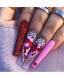 Brishow Red Press-On Nails with Heart Rhinestones | 24 Ballerina Acrylic Fake Nails for Women & Girls - International Shipping - Buy Online on GoSupps.com