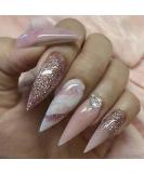 24 Pcs Marble Stiletto Fake Nails - Long Rose French Press on Nails with Glitter Almond Patterns for Women - Extra Long False Nails with Glue for Nail Art - Buy Online on GoSupps.com