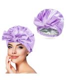 Arqumi Reusable Shower Cap with Ribbon Bow | Waterproof Double-Layer Bath Cap for Women Men | Large Elastic Hair Bonnet for Long Thick Hair - Purple C Shower Cap - Buy Online on GoSupps.com