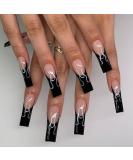 Coffin False Nails Long 24Pcs Black French Fake Nails with Flame Design - Nail Glue Included | Ballerina Stick-on Nail Art for Women and Girls - Buy Online on GoSupps.com
