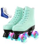 Cozy Green PU Leather High-top Roller Skates for Women | Beginner Indoor Outdoor Double-Row Skates with Flash Wheels - Size 37 - Buy Online on GoSupps.com