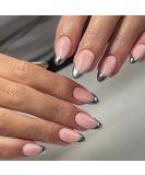 French Tips Press On Nails - Short Almond Fake Nails with Glossy Silver Edge Design - Stiletto Glue on Nails - Full Cover Acrylic Nails - 24Pcs Set with 1 Glue - Buy Online on GoSupps.com