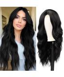 Long Black Wavy Wig for Women 24 Inch Middle Part Curly Synthetic Hair Natural Looking Heat Resistant Fiber for Daily Party Use (Black) - Buy Online on GoSupps.com