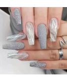Silver Marble Square Long Press on Nails with Glitters - Luxurious Coffin Design for Women and Girls | False Nail Art Decoration - Buy Online on GoSupps.com