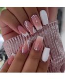 24Pcs Short Square French Glitter Press on Nails - White & Nude Acrylic Full Cover Stick on Nails with Rhinestones for Women and Girls - Includes Glue Stickers - Glossy Finish - Buy Online on GoSupps.com